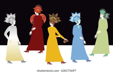 Abstract sketch girl model, symbolizing the elements of feng shui - metal, water, wood, fire, earth. Fashion week. Vector illustration. Poster.
