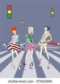Abstract sketch of girl in modern  clothing collection on the road, background traffic lights and retro cars, street style, fashion spring summer, color vector prints