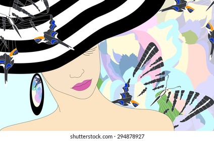 Abstract sketch of the girl in a striped hat with a butterfly, floral, fashion and beauty,  trendy stylish texture spring summer, color vector prints