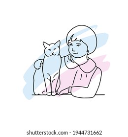 Abstract sketch of a girl stroking a cat, care, friendship, pets, gentle colors of the background.
