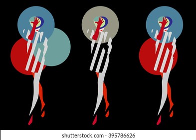 Abstract sketch of girls (models) in a striped dress , hat, red gloves, logo fashion. stylish trendy clothes new collection fall winter spring, color logotype, vector label, emblem prints