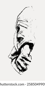 Abstract sketch of a hooded figure. The figure is cloaked, face obscured. Black and white sketch style. Mysterious and enigmatic art piece. Vintage art illustration, vector.