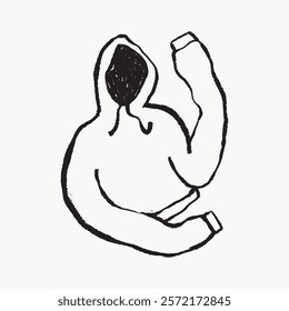 Abstract sketch of a hooded figure with raised arms. Minimalist design, bold lines. Hooded figure in motion, simple yet expressive art. Simple black line art doodle vector.