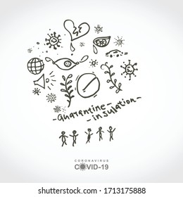 Abstract sketch illustration of the many chaotic symbols of a pandemic disturbed life. Quarantine. Insulation. Coronavirus COVID-19. Doodle sketch conceptual illustration. Vector hand drawn template.
