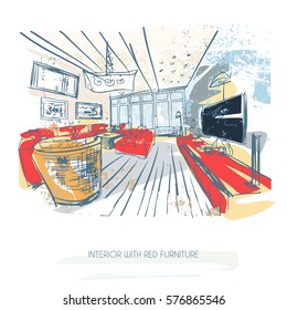 abstract sketch of an interior made from imagination, stylized hand drawn architectural illustration