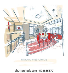 abstract sketch of an interior made from imagination, stylized hand drawn architectural illustration