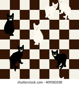 Abstract sketch of little black and white kittens on a chessboard, tartan fashion design, seamless pattern, color vector prints