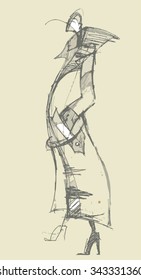 Abstract sketch of the model in coat hand drawn fashion illustration.