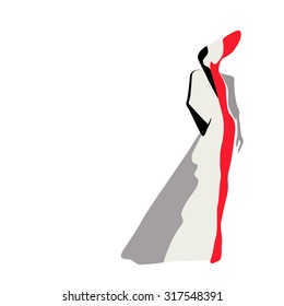 Abstract sketch of the model in a coat ( Sharkskin, white,  Aurora red, black) and a hat, fashion, logo, Isolated on white background, color vector prints