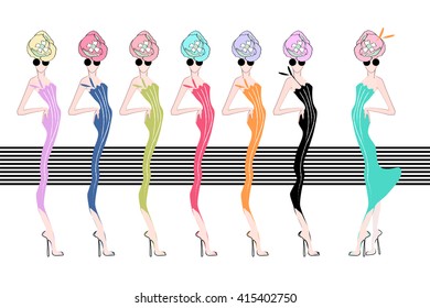 Abstract sketch of  model (girl) in dresses and suits, striped background ,  sunglasses and hats, fashion,  women shopping, color vector prints