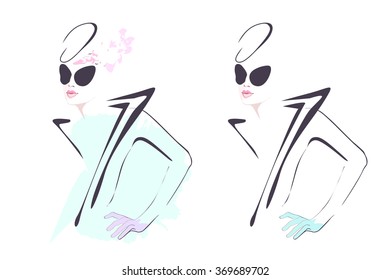 Abstract sketch of model (girl) in a hat, sunglasses and a jacket with a striped collar, fashion, shopping, trendy, stylish,