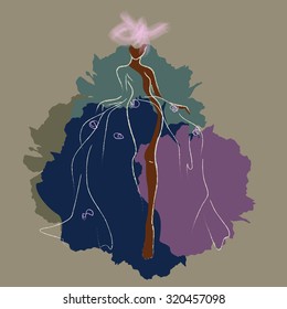 Abstract sketch of the model in a  gorgeous lilac-blue green  dress on a gray-yellow  background and floral hat color pink . Fashion Week,  logo beauty, vector logotype, label, emblem prints