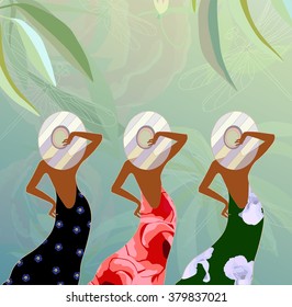 Abstract sketch of models in dresses with floral  (green, red and black) and striped hats, background - tropical forest and dragonflies, fashion spring-summer,  color vector prints