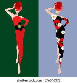Abstract sketch of the  models in floral dresses (poppy, chamomile). Fashion show, spring-summer, logo,  color vector prints