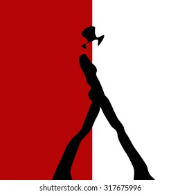 Abstract sketch of models in trouser suits, hat, white, black, red , fashion art.  logo Fashion Week. color vector prints