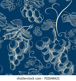Abstract sketch natural seamless pattern with bunches of ripe grapes and leaves on blue background vector illustration