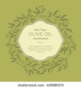 Abstract sketch organic template with text in elegant frame and olives tree branches in vintage style vector illustration