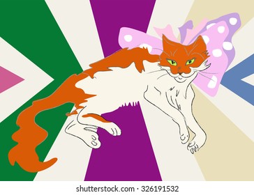 Abstract sketch of a red cat with a pink bow on striped multicolored background. Fashion art cat, color vector prints
