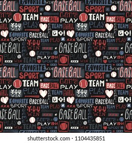 Abstract Sketch seamless pattern baseball for boys, girls. Lettering, favorite sport, you win, team, grunge, print design for clothing, sports motivation, typography. Hand-drawing, Ball, bit, heart. 