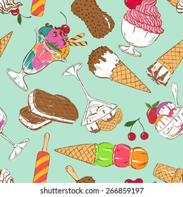 Abstract sketch seamless pattern of colorful cartoon ice cream on a blue background