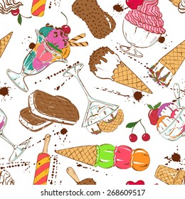 Abstract sketch seamless pattern of colorful cartoon ice cream and grunge blots on a white background