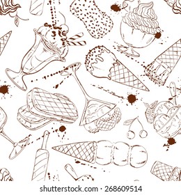 Abstract sketch seamless pattern of ice cream and grunge blots on a white background