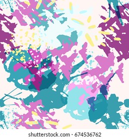Abstract sketch seamless pattern. Vivid background with colorful splash, splatter, dots, dashes. Hand drawn vector illustration