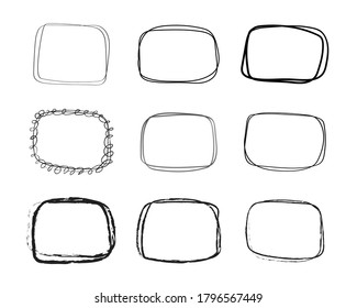 Abstract sketch stamp doodle frames of rectangle, oval, circle brush. Template of Handwritten shapes isolated vector set. Black and white background for text, tagline or logo. Speech bubbles or notes.
