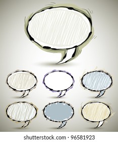Abstract sketch style speech bubbles, set of color and shape versions. Vector banners collection.