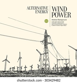 Abstract Sketch Stylized Background. Electric Power Plant And Wind Turbines