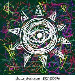 Abstract sketch of the sun with an eye and other elements drawn by hand. Doodle, sketch, graffiti. Colorful vector illustration.