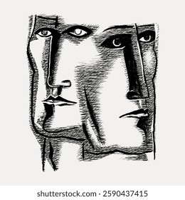 Abstract sketch of three faces with strong lines and shadows. Faces overlap, creating a surreal effect. Artistic, abstract, and expressive design. Vintage illustration isolated on white, vector.