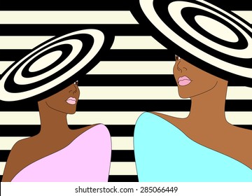 Abstract sketch of two African women (model) in a dress and hat, striped hat, striped background, fashion, pink and blue dress