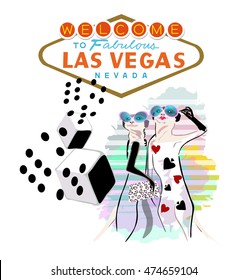 Abstract sketch two fun Meerkat, Welcome to Fabulous Las Vegas Nevada text sing,  color fashion design vector print, casino, dice, worms and peak, pattern