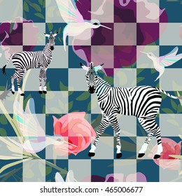 Abstract sketch of Two funny zebra striped black and white on a chessboard, tartan fashion design, animal  seamless pattern. Hummingbirds fly in a flower garden, color tropical vector prints