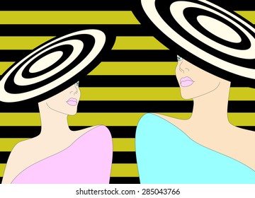 Abstract sketch of two women (model) in a dress and hat, striped hat, striped background, fashion, pink and blue dress