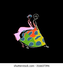 Abstract sketch of two women (model) in a dress and hat on the black background, fashion logo, color vector prints