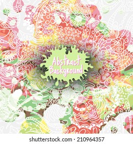 abstract sketch with watercolor background, hand drawn ornamental doodle, square card design vector