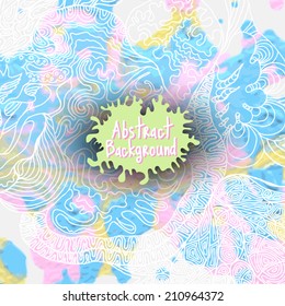 abstract sketch with watercolor background, hand drawn ornamental doodle, square card design vector