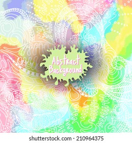 abstract sketch with watercolor background, hand drawn ornamental doodle, square card design vector