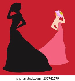 Abstract sketch of a woman in a black dress, a pink hat and a green glove on a red background, beauty and fashion