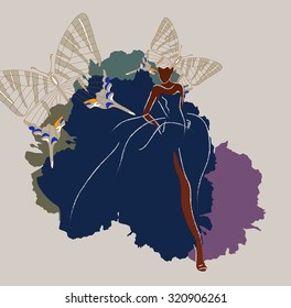 Abstract sketch of a woman in a blue dress, a hat in the shape of a butterfly, background watercolor stains (purple, green). Fashion Week,  vector logo, Color logotype, label, emblem prints