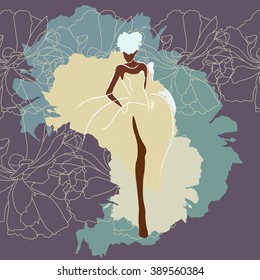 Abstract sketch of a woman in a wedding dress, background of watercolor spots,  Fashion Week, color vector prints  logotype, label, emblem