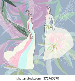 Abstract sketch of women in dresses (yellow, blue, pink) decorated with flowers, clothing collection spring-summer, fashion, floral pattern,  trendy stylish texture spring summer, color vector prints
