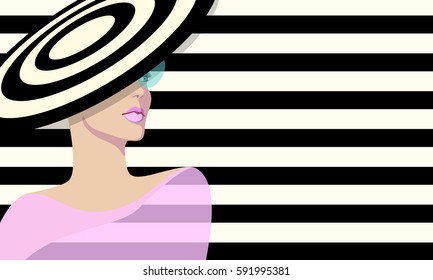 Abstract sketch women (model) , striped hat, striped background, fashion, pink dress,  trendy stylish texture spring summer, vector color print design