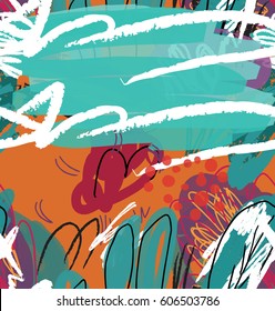 Abstract sketched garden trees green and orange.Creative abstract colorful seamless pattern.  Universal bright background for greeting cards, invitations. Had drawn ink and marker texture.