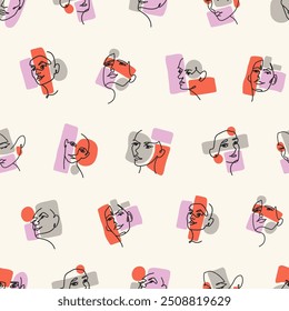 Abstract sketches of women faces on endless background. Repeatable pattern of human portraits with continuous curve. One line art of heads with geometric shapes. Outline seamless vector illustration