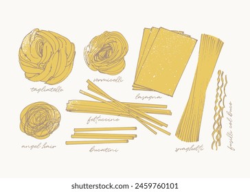 Abstract sketchy drawing of different pasta types, long pasta variety
