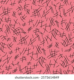 Abstract and sketchy pattern with irregular, crisscrossing black lines on a pink background. Suitable for artistic and unconventional designs.