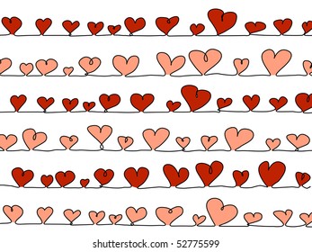abstract, sketchy vector hearts on a line as background